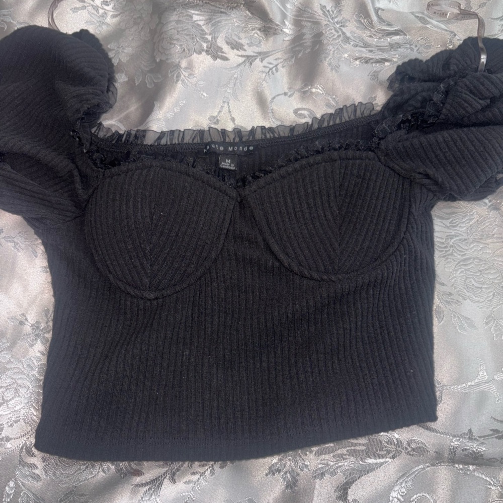 Haute‎ Monde Black Ribbed Off-Shoulder Top